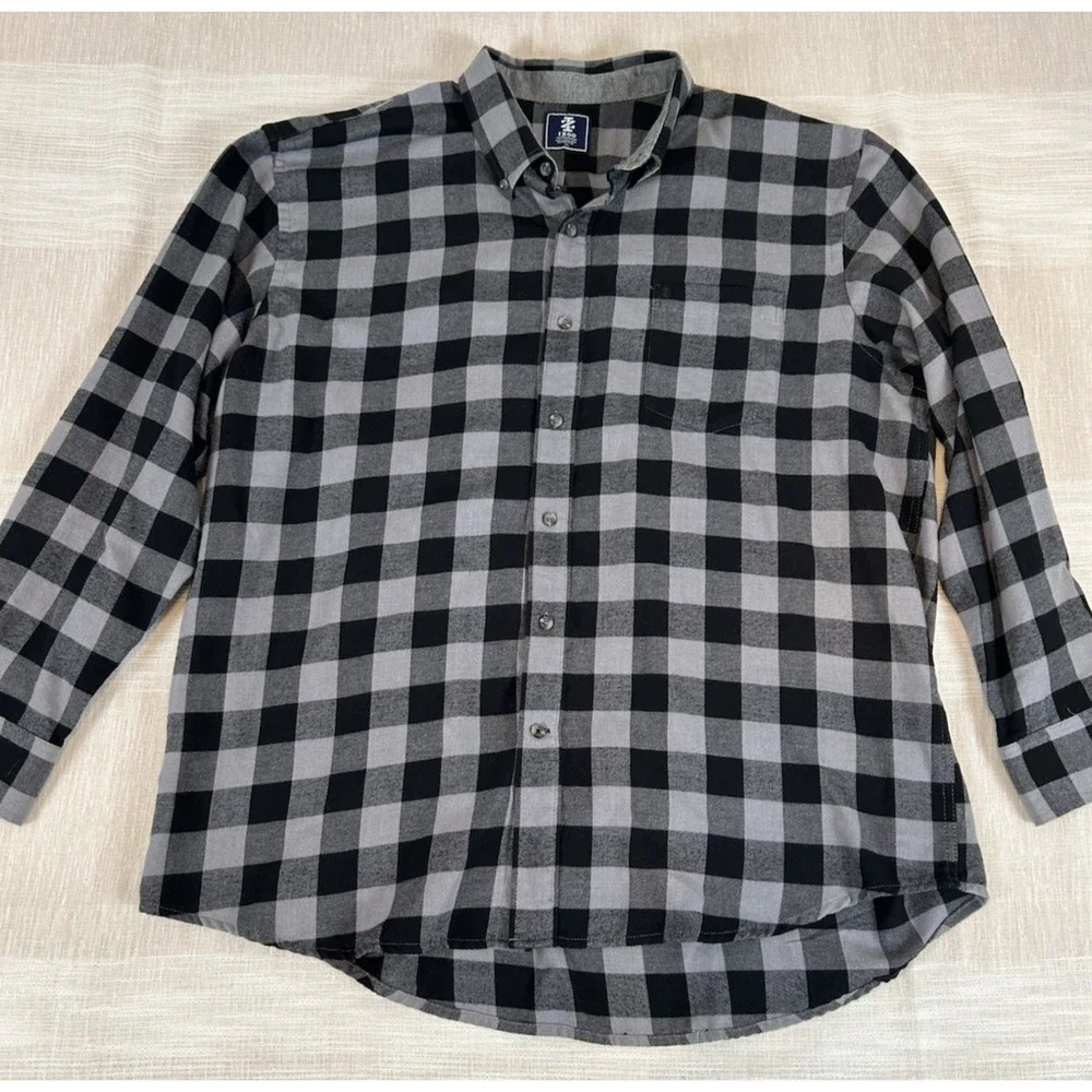 IZOD Men's Flannel XXL Button Down Flannel Long Sleeve Shirt Gray Black Preppy‎